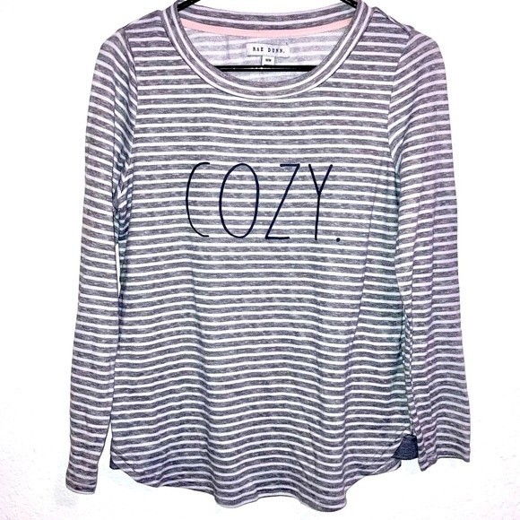 Rae Dunn Grey White Striped “COZY” Long Sleeve Top Size Medium - Picture 1 of 4